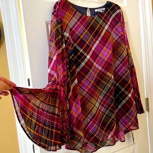 Plaid Blouse Pleated Sleeves Fuschia Purple